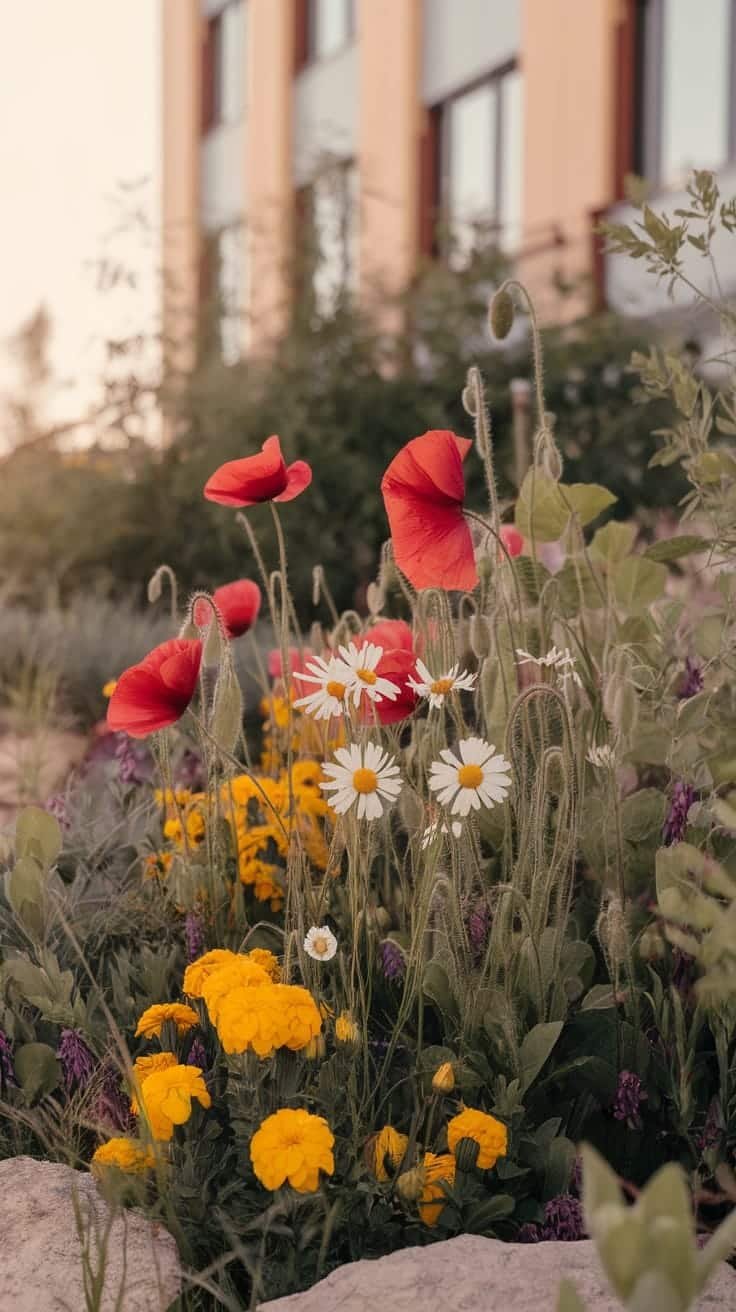 Wildflower_patches_in_small_areas Colorful wildflower patch featuring red poppies white daisies and yellow marigolds