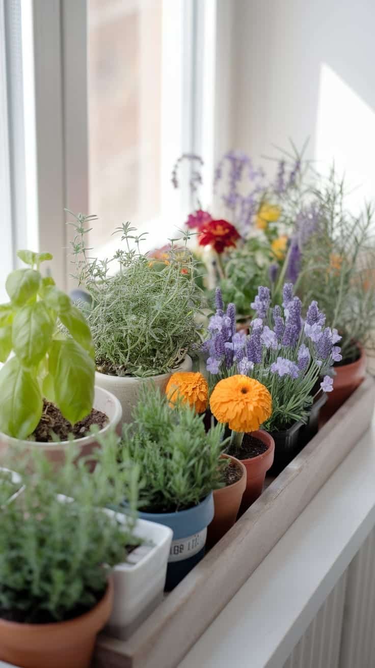 Window_sill_gardens A colorful window sill garden featuring herbs and flowers in various pots
