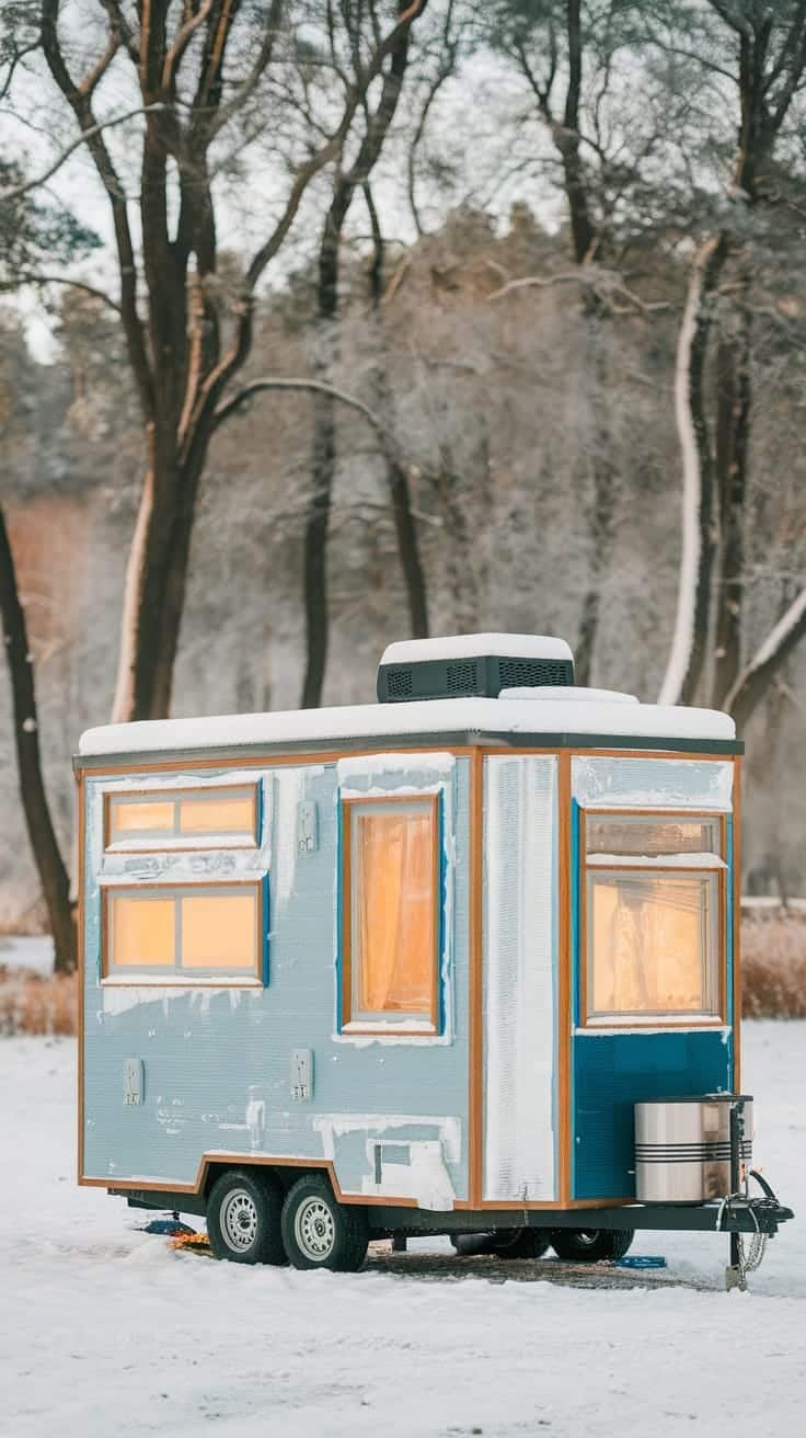 Winterizing_your_tiny_house_camper Tiny house camper in a snowy landscape with warm lights glowing from the windows