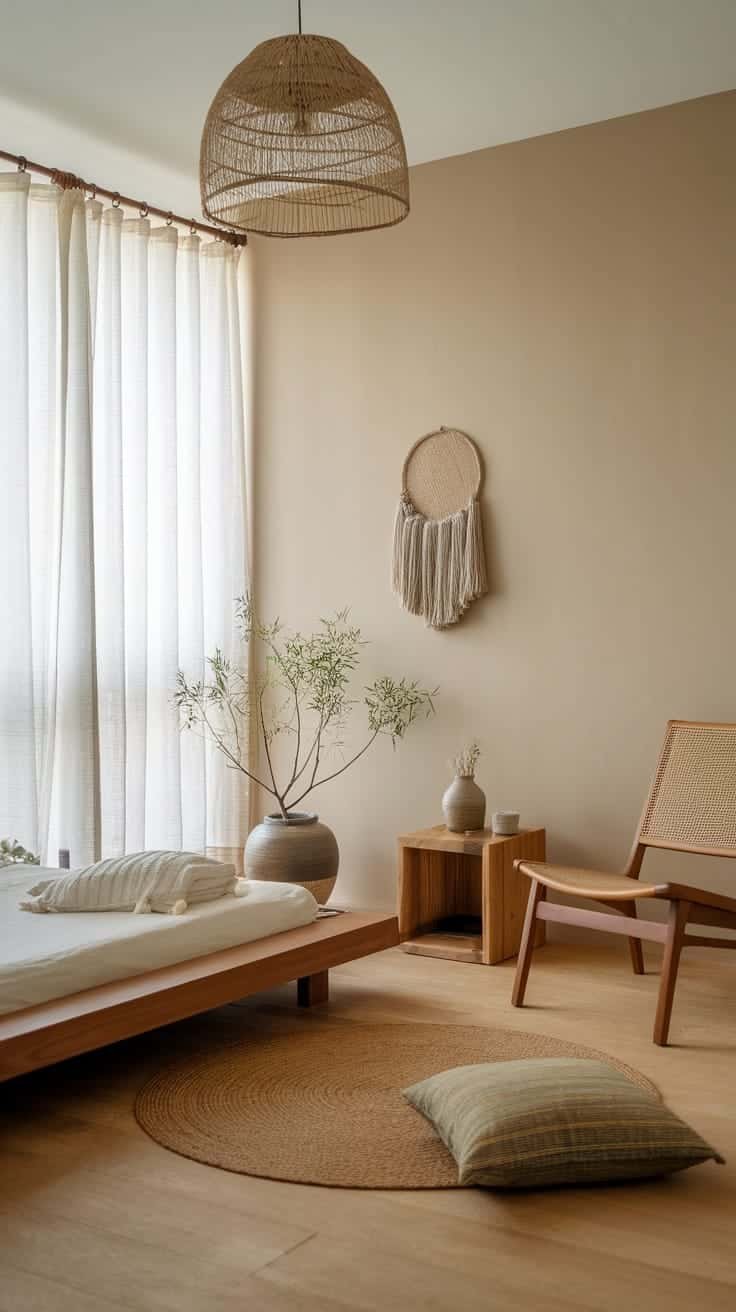 Zeninspired_bedroom_retreat A minimalistic Zen inspired bedroom with natural light a low wooden bed decorative plants and woven textures