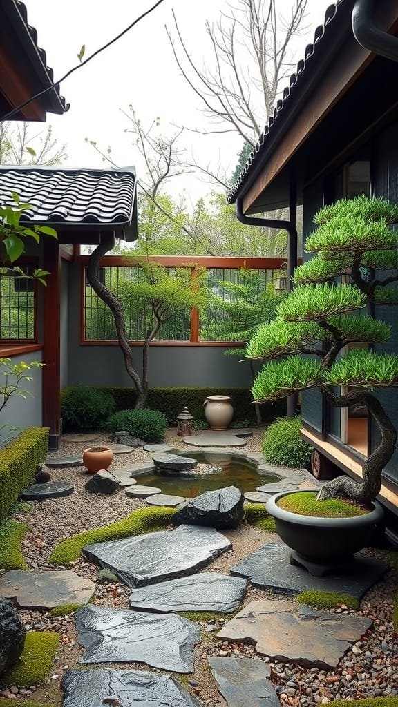 Zen_elements_creating_tranquility_in_small_spaces A tranquil Japanese garden featuring stones greenery and a small pond
