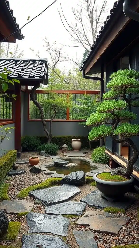 Zen_elements_creating_tranquility_in_small_spaces A tranquil Japanese garden featuring stones greenery and a small pond