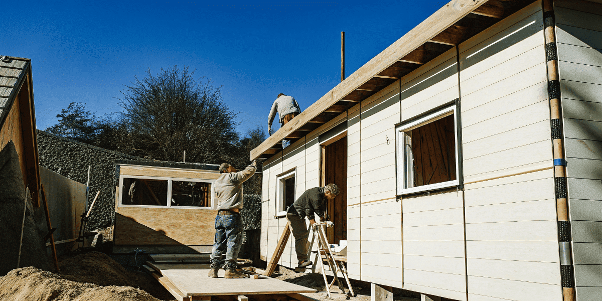 0024ba6f72744647b35b8bfda5f636e4 Tiny home construction site with builders