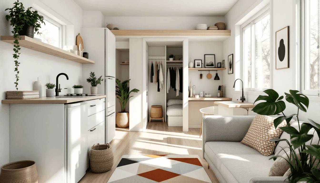27e72a736e9c40459bc6d673aeb27655 A cozy interior of a tiny house showcasing minimalist living
