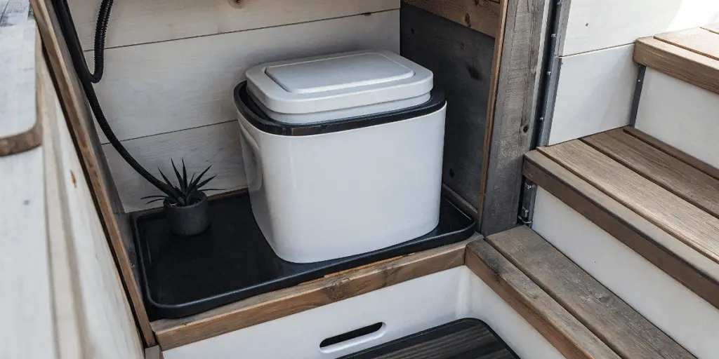 371015a0ff17458fbe7ef6fa9666d1dd A compact composting toilet sits neatly in a tiny house bathroom