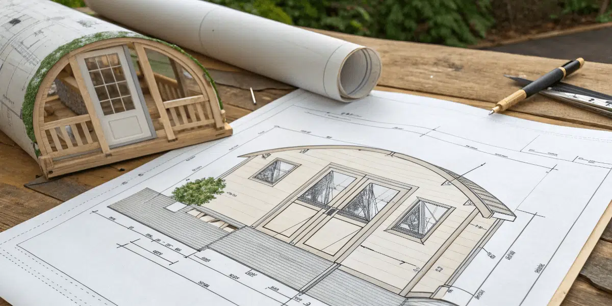400c99fb295441d8814a1cf9747f10a6 A blueprint of a granny pod design with annotations for materials and layout illustrating architectural features