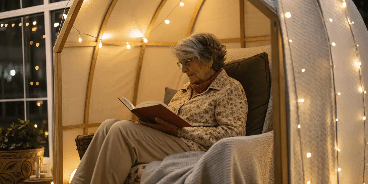 690573d884784ea7a3ec77958720ecc7 An elderly person reading inside a cozy granny pod representing independence and comfort for aging in place