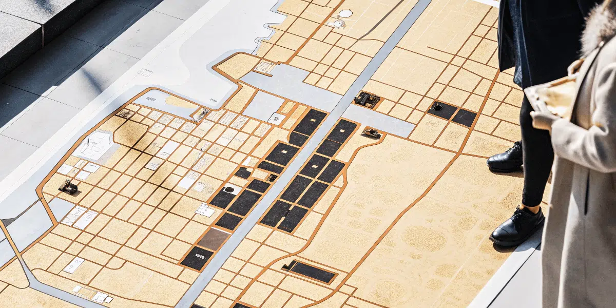 8ac4b96c0e1548fab6ae5184f8489ba7 A city planning map with highlighted zones illustrating zoning laws and potential placements for granny pods