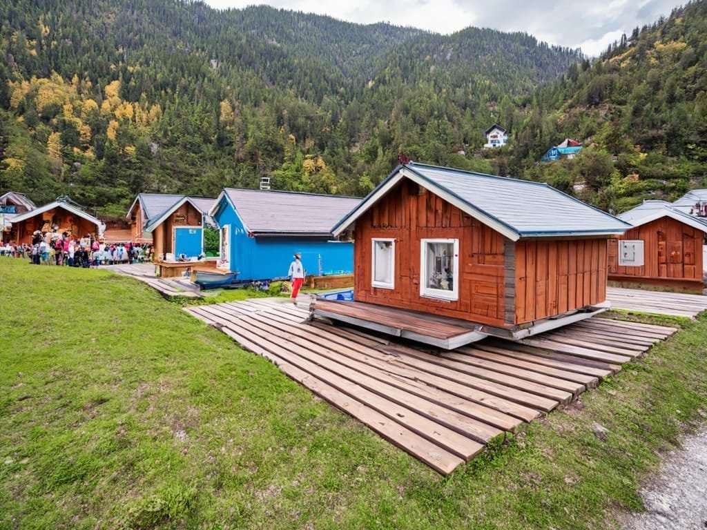 99e7258482e34b4ebc8ce51f945de91a Tiny home community with residents engaging in outdoor activities