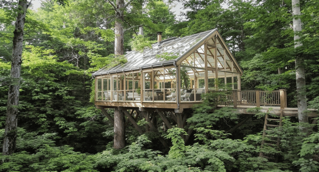 Greenhouse meets tree house A tiny home designed like a treehouse in wooded area