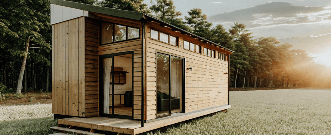 wooden tiny home on a field