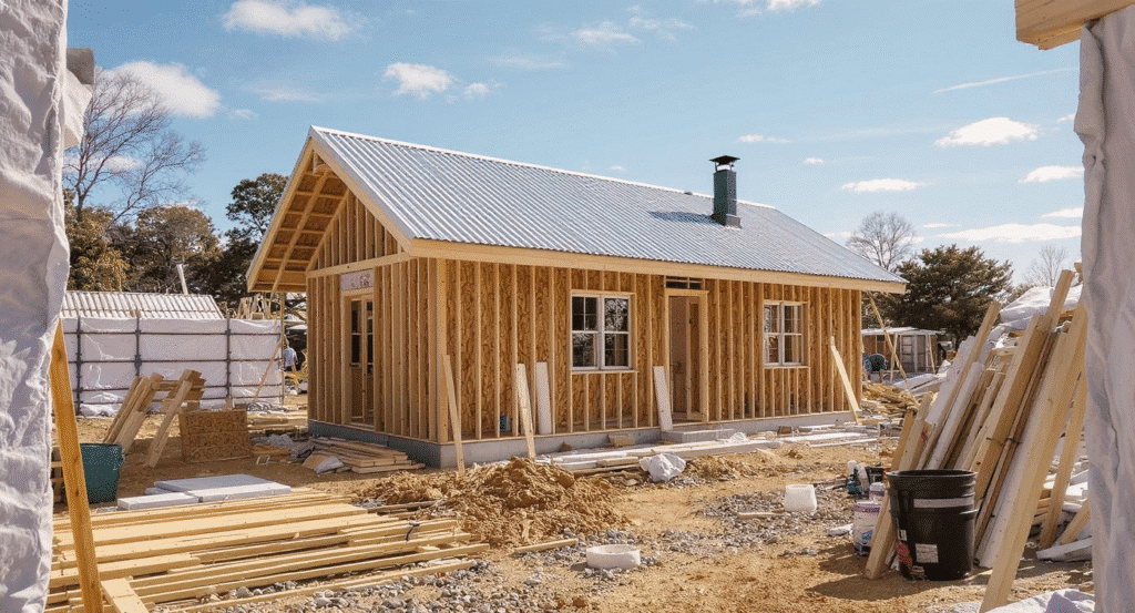 Aconstructionsiteforachalet A construction site showing a chalet tiny house being built focusing on building materials