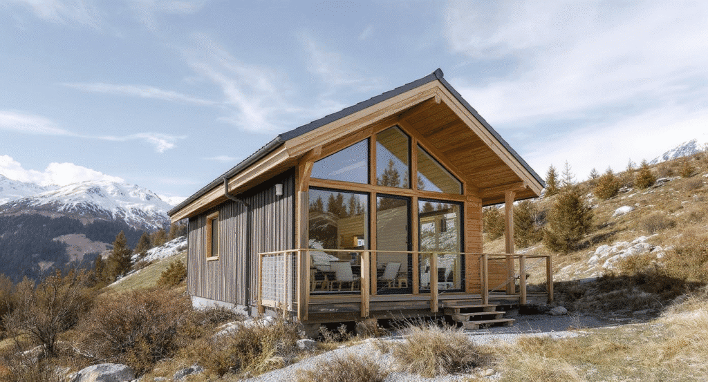 Beautifulchalettinyhouse A ozy chalet tiny house model showing a snowy mountain in the background