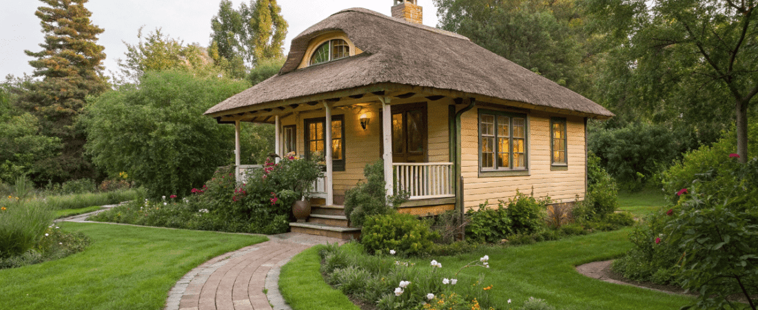A photo of a quaint rustic style cottage nestled within a lush garden The cottage has a warm inviting ambiance featuring a traditional cottage like design