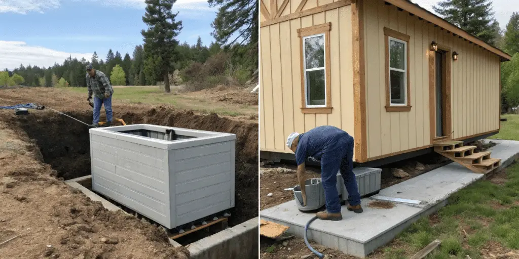 C84d40f3b64642978043029d99802bb0 A step by step photo series of an Aerobic Treatment Unit being installed next to a tiny house