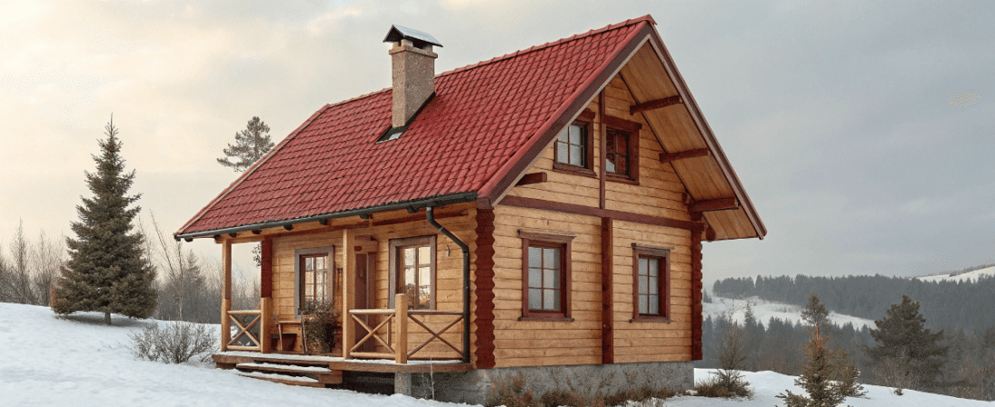 A photo of a serene snowy scene with a wooden cabin nestled on a snow covered hillside