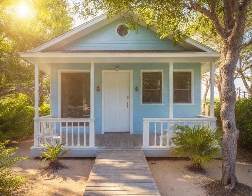 Coastal bungalow A quaint light blue coastal bungalow with crisp white trim showcasing a spacious inviting porch