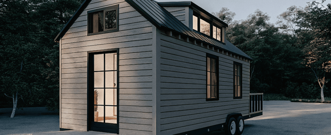 A photo of a small modern looking house with a wooden exterior and multiple windows constructed on a wheeled trailer