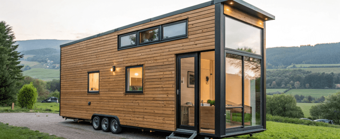 A photo of a modern wooden house trailer with a contemporary design situated in a rural area with a picturesque backdrop of rolling hills and a range of mountains