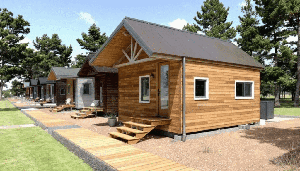 Image Modern wooden cabin with a sloped roof featuring a porch and steps surrounded by greenery and other similar structures