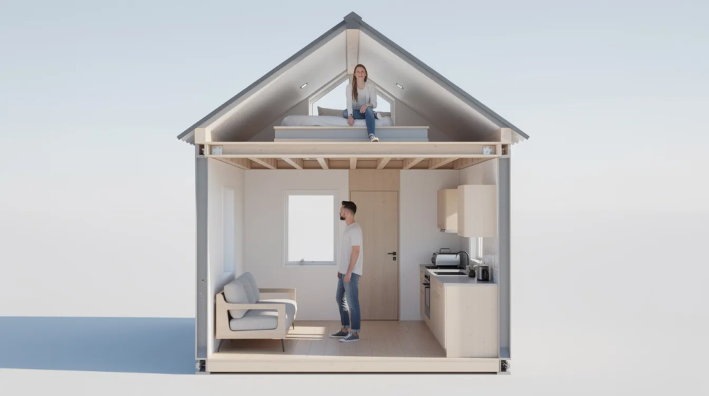 Image The image illustrates the importance of ceiling heights in tiny houses highlighting that an interior height of about 105 feet is ideal for maximizing usable space while adhering to local zoning regulations that require a minimum height of 6 feet 8 inches in habitable areas This design consideration is crucial for tiny house owners aiming to create functional living spaces in such a small space