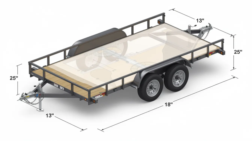 Image The image depicts a utility trailer designed for tiny houses showcasing its dimensions including the height from the ground to the trailer bottom and deck as well as the wheel well height Understanding these tiny house trailer dimensions is essential for maximizing living space and ensuring functional layout in such a small space