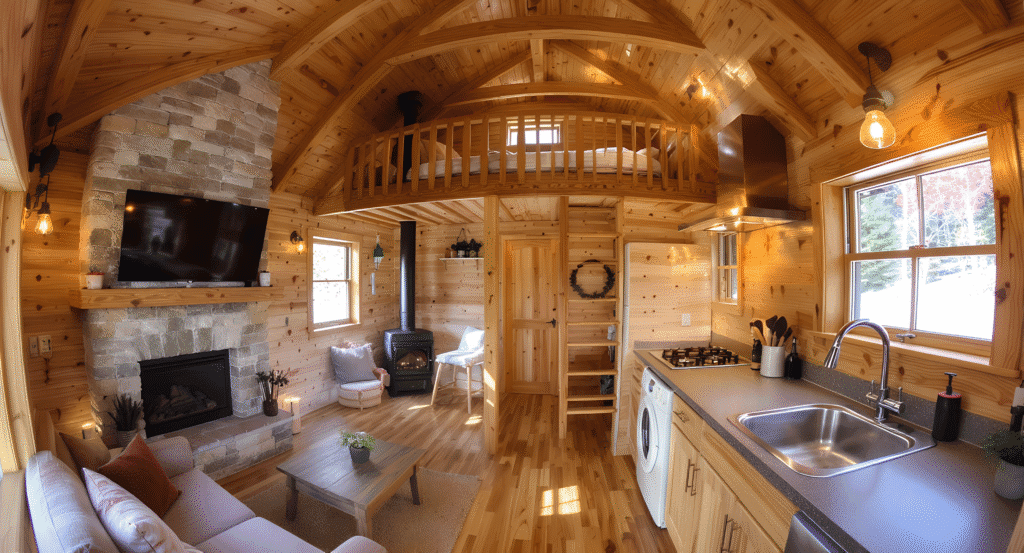 Interiordesignofachalet Interior of a cozy chalet tiny house