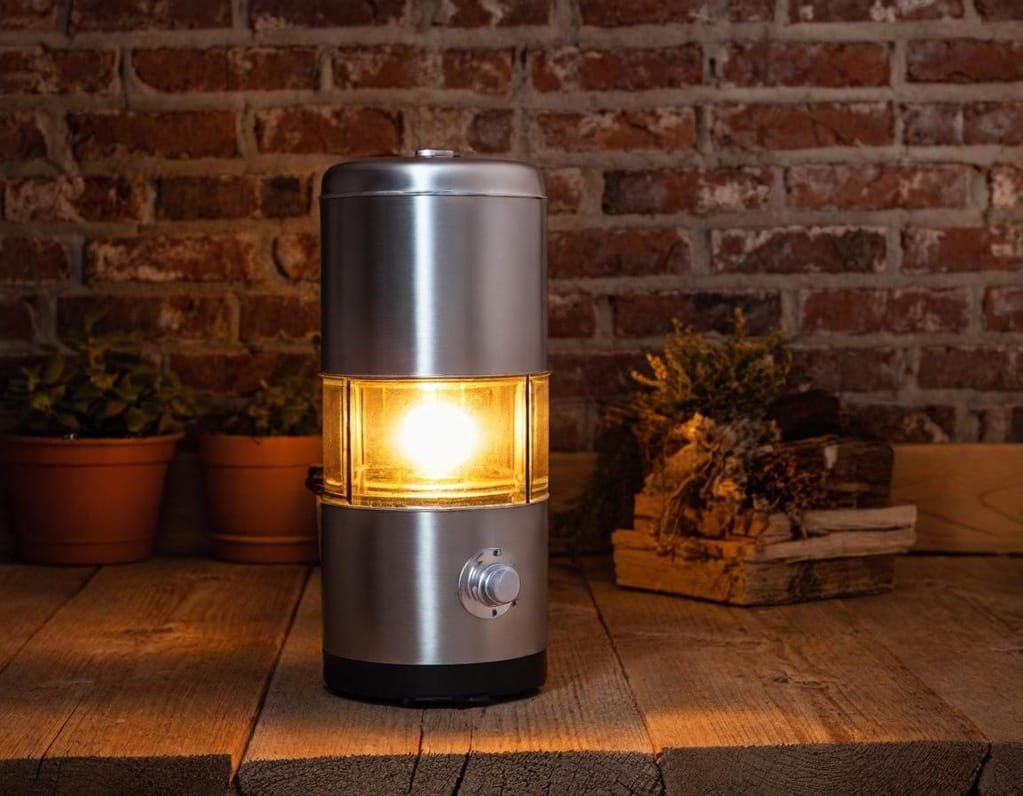 Need propane heaters A compact silver propane heater with a sturdy industrial base emitting a warm golden glow from its cylindrical body situated on a rustic weathered wooden porch with a distressed honey brown finish surrounded by worn earth toned brick and a serene moonlit night sky
