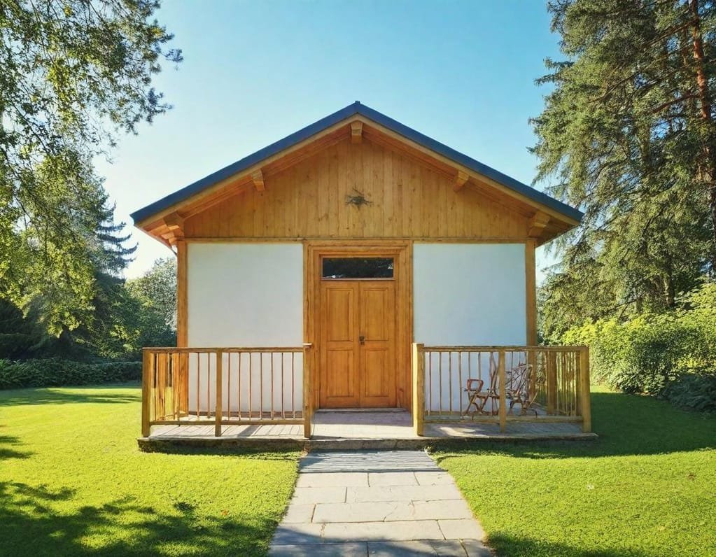 Rustic cabin The Rustic Cabin Bungalow
A tiny house with a wrap-around porch made of cedar wood, complete with rustic railings and a rocking chair. The exterior is built from reclaimed wood, giving it a weathered, natural look. A gabled roof with exposed beams adds to the cabin charm, and the setting includes a forested backdrop with a firepit nearby.
