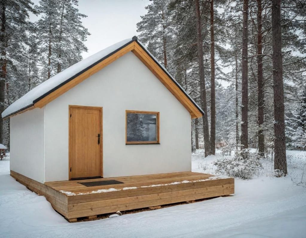 Scandinavian bungalow The Scandinavian Bungalow Sanctuary
A minimalist tiny house with natural wood cladding and crisp white accents. The low-pitched roof features small, round dormers, and the front porch is simple yet inviting, with a wooden bench and soft woolen cushions. The surrounding landscape includes snow-dusted pine trees, enhancing the cozy, Nordic vibe.