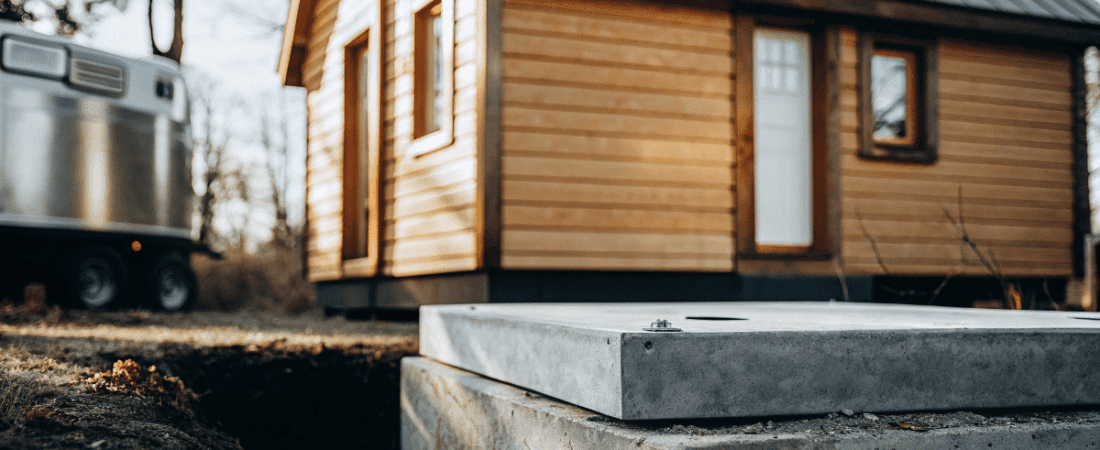 tiny house next to an outdoor septic tank