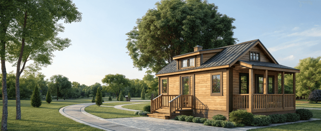 A photo of a serene countryside scene with a wooden house nestled among lush greenery The house showcasing a light brown wooden facade has a traditional architectural style with a sloped roof and a wrap around porch A walkway leads up to the entrance and the surrounding area is well manicured with a variety of greenery The trees are full and provide a natural canopy The sky is clear and the sunlight filters through the foliage casting dappled shadows on the ground