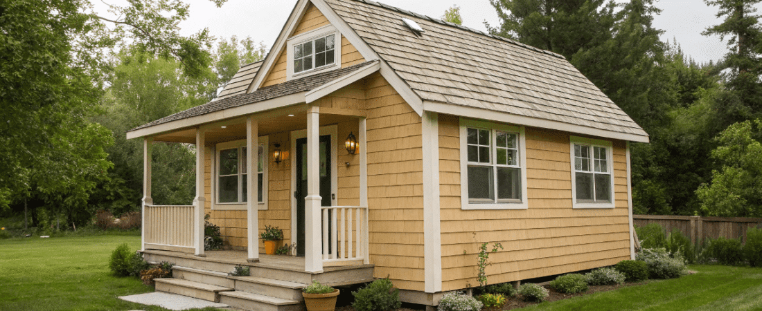 A photograph of a single story residential house with a light yellow exterior and white trim The house features a porch with a series of steps leading up to the entrance flanked by potted plants and a well manicured lawn