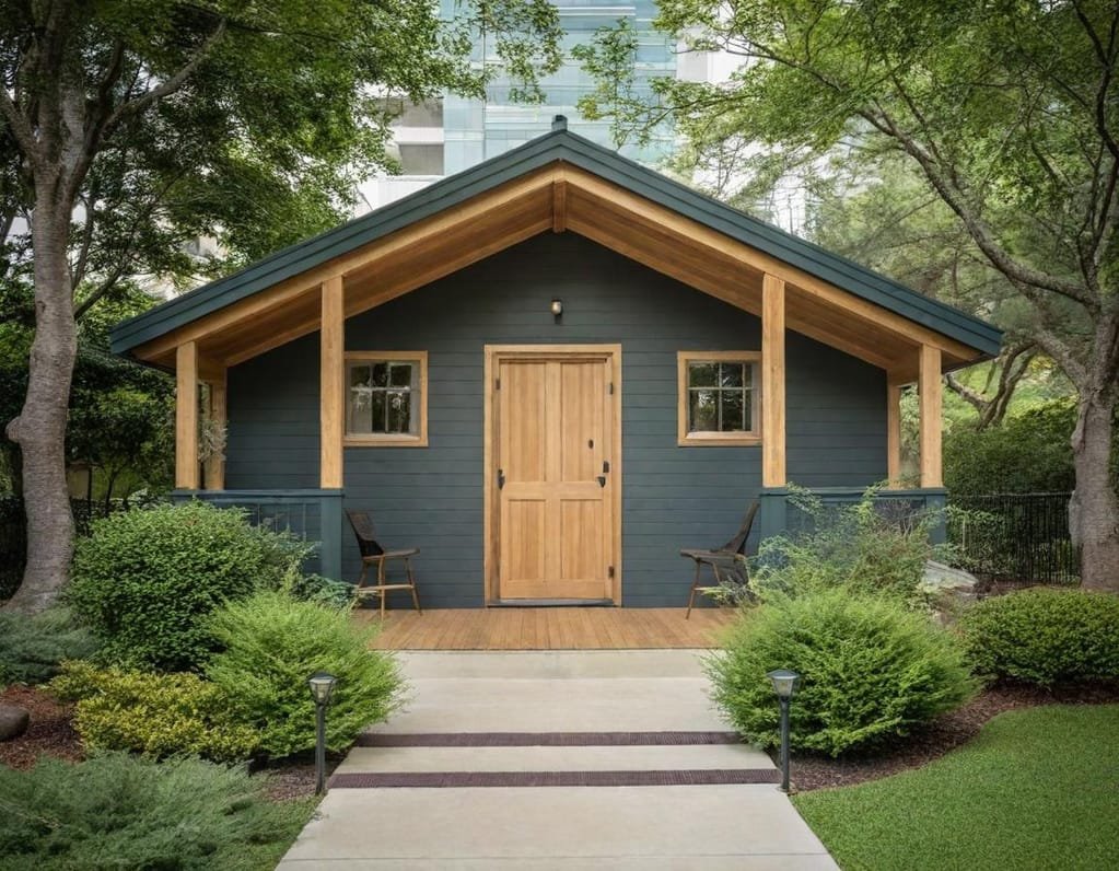 Urban bungalow hideaway A sleek modern tiny house with dark wood siding and a compact symmetrical design The covered front porch is decorated with potted plants and string lights creating a cozy urban oasis A rooftop garden with lush greenery adds a touch of nature while large windows reflect the city skyline in the background
