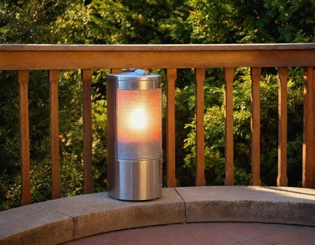 Why choose propane A compact stainless steel propane heater with a sleek rounded body emitting a warm golden glow from its metal vent situated on a worn wooden porch with a rustic weathered railing surrounded by a soft warm outdoor ambiance with a subtle muted autumnal color palette of faded oranges mossy greens and weathered browns with a few scattered vibrant fall leaves at its base