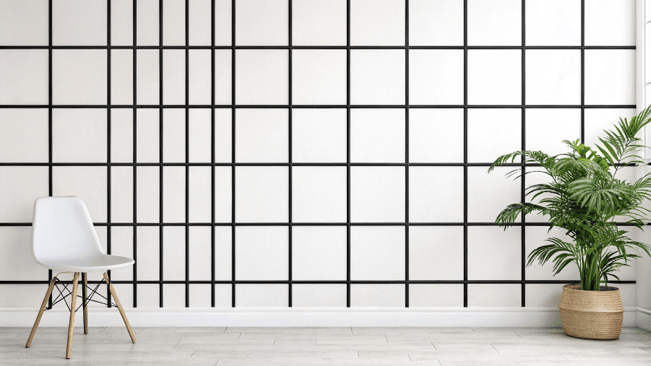 Blackgridonwhitebackground Black Grid on White Background wallpaper, plant pot and chair is visible.