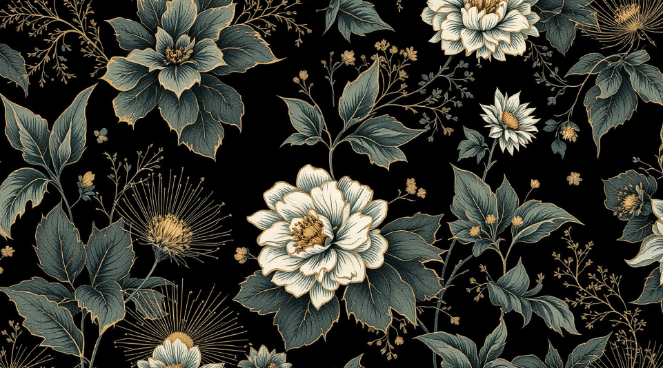 Floralblackwallpaper Floral wallpaper with different designs of flowers on a black background