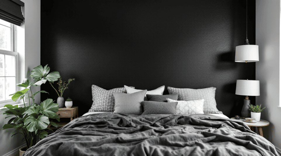Matteblackwithtexture Matte black wallpaper next to a cozy bed in a tiny home
