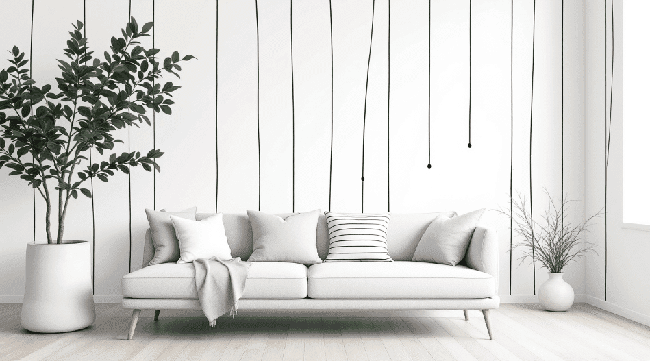 Minimalblacklinesonwhitewallpaperacreative Minimal black lines on a white wall in a living room