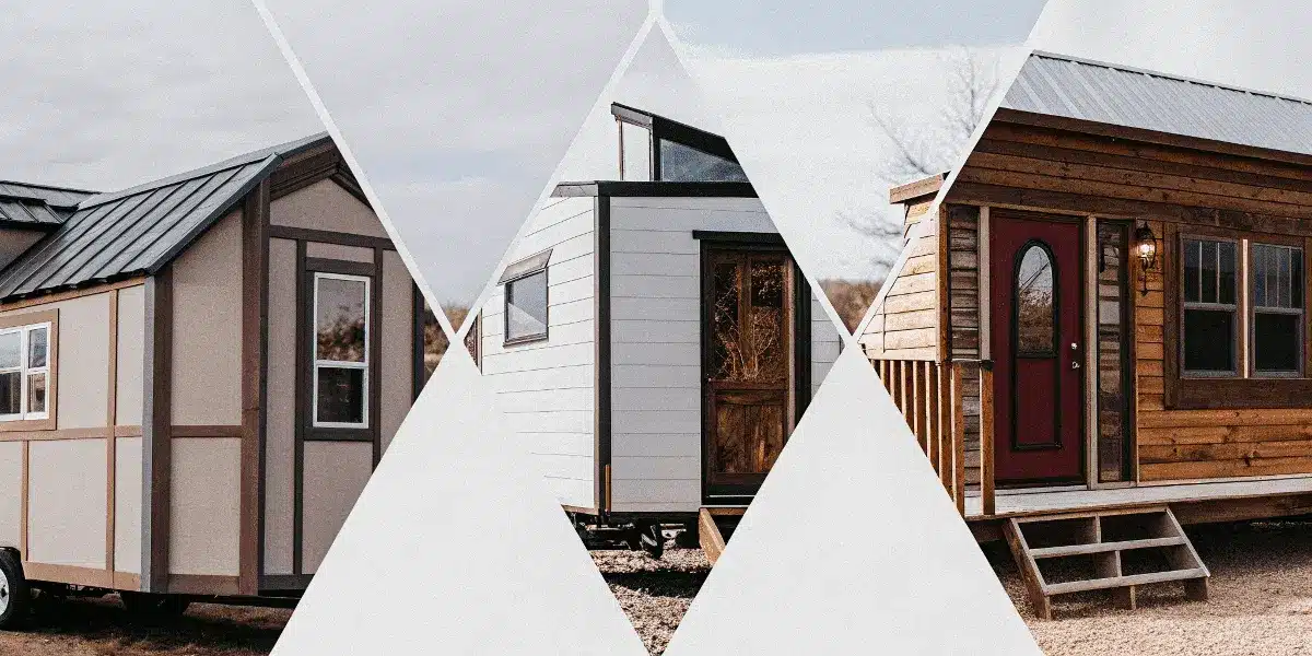 Collage of various tiny homes including Gypsy Trailer and Sparrow Cottage
