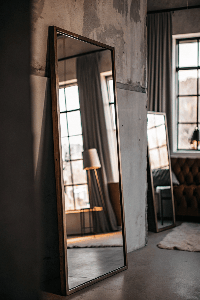 A large mirror in a bedroom.