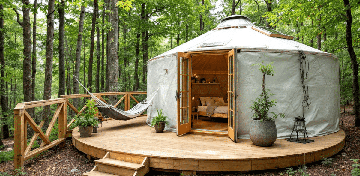 3b0914c06d6d4c9fa582932ee7a4fa60 A photo of a serene natural setting featuring a wooden structure with a circular design resembling a traditional yurt