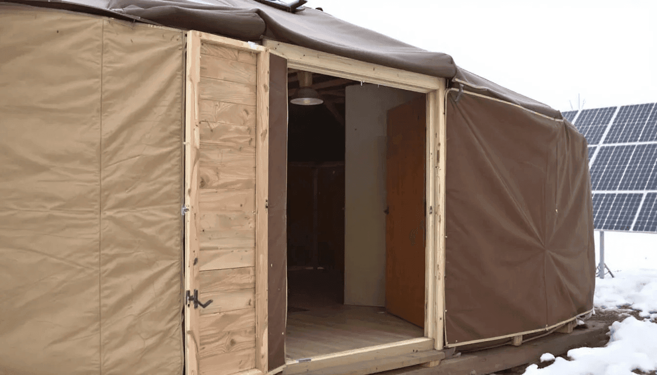 5fdabd3da23e4b4d80b1bd5a5f3b6c9f An eco yurt is showcased built with strong and weather tested materials featuring a wood finish and recycled canvas designed for sustainability and efficiency in cold climates This versatile structure offers various upgrade options including solar kits making it an ideal choice for those seeking eco friendly living solutions