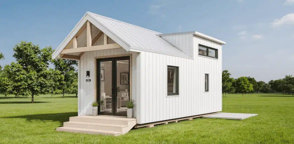 A white small tiny barn on a grassy land