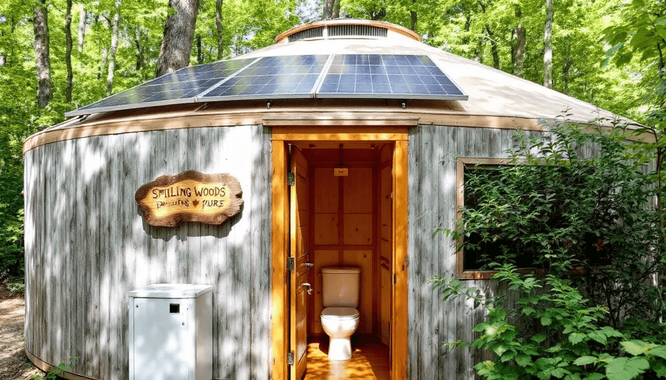 743f3a61aeff4d168b86cbe4055c7958 An eco friendly yurt featuring a reclaimed cedar frame designed for sustainability with fully insulated wool and a solar panel ready setup for off grid living The structure showcases a beautiful wood finish and offers a composting toilet option emphasizing efficient and responsible construction practices
