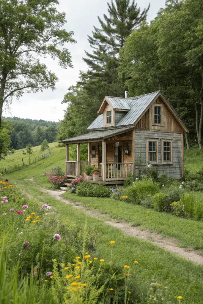 A charming Amish tiny house nestled in a lush green landscape The house features a rustic wooden exterior with a small porch and a pitched roof The surrounding area is dotted with colorful wildflowers and tall trees creating a serene and inviting atmosphere