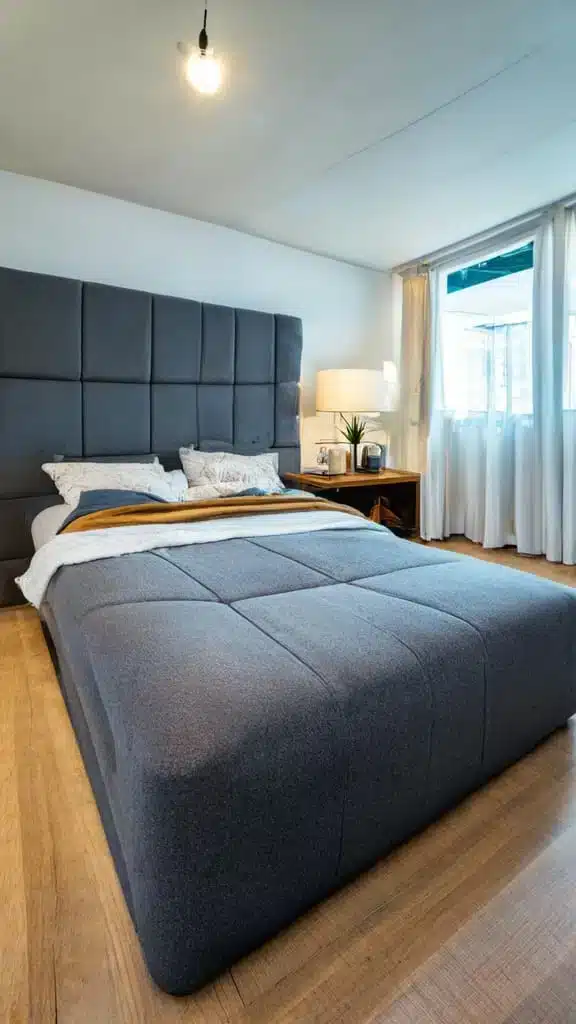 bed next to window and brightly lit room