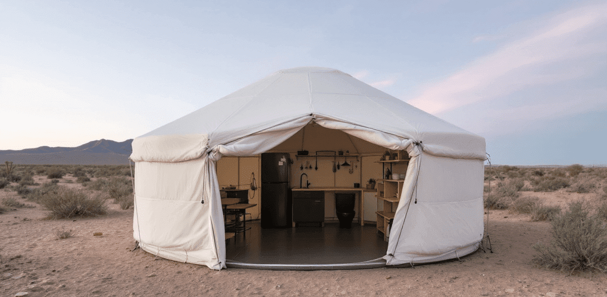 C04e9d7aef0d4e3f8e68b408428d94c0 A minimalist white yurt in a desert