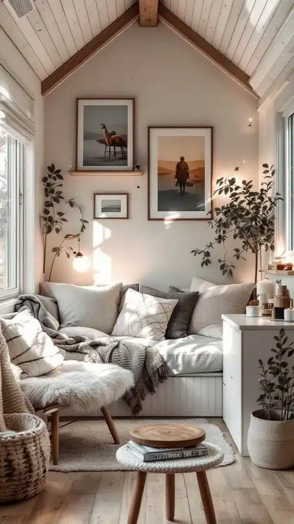Cozy interior of a Swedish tiny house featuring soft textiles plants and artwork