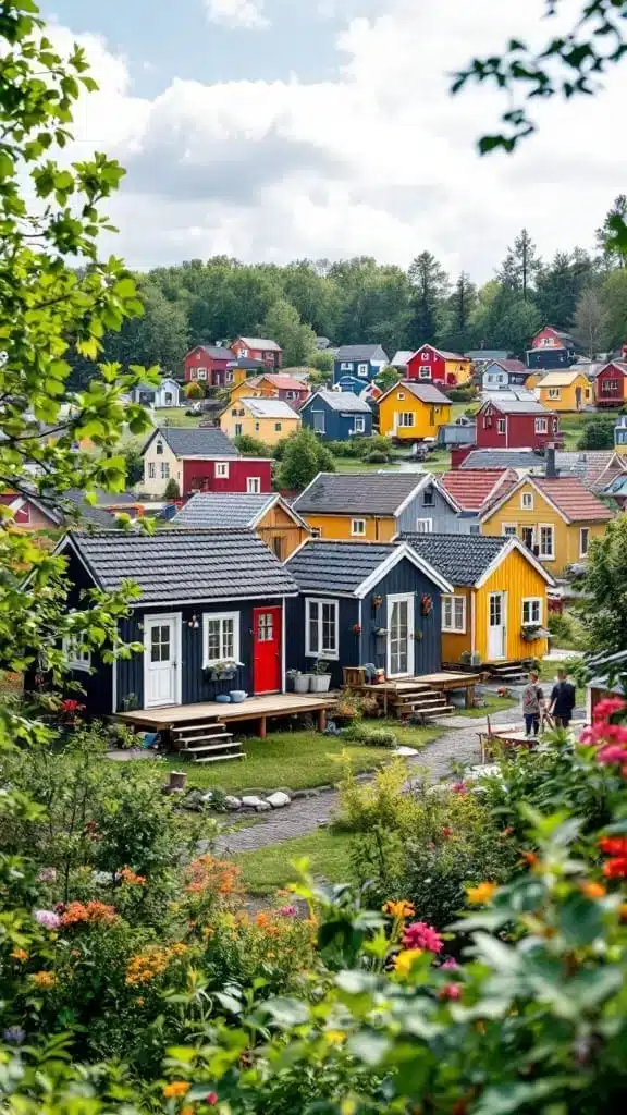 Colorful tiny houses in a village surrounded by greenery and flowers
